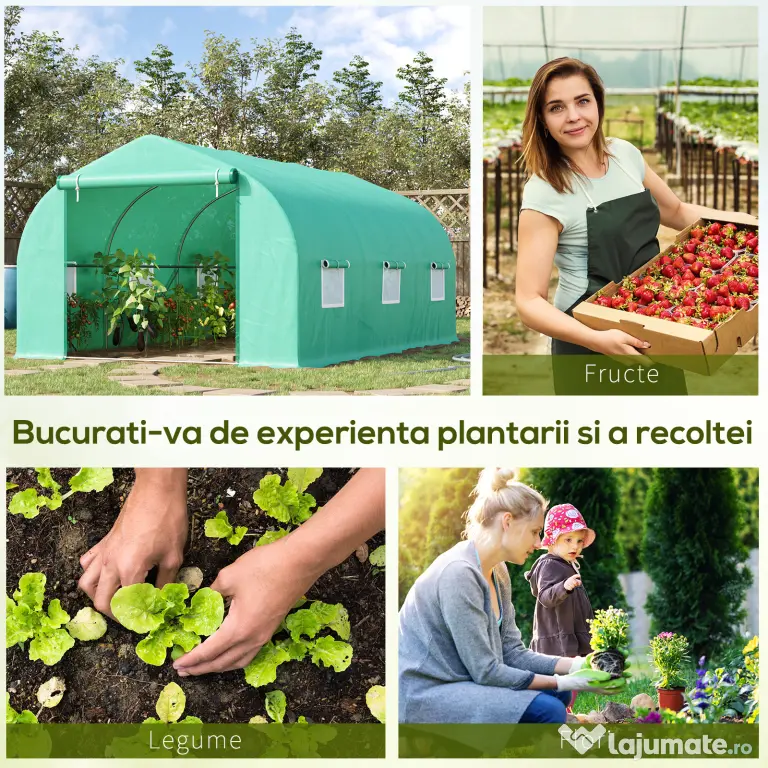 Outsunny Seră pentru Grădină cu 6 Ferestre, Ușă Rulantă și Acoperiș Învelit PE, 4,5x3x2 m, Verde Închis
