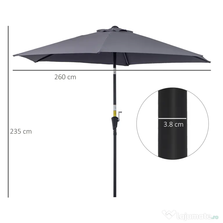 Outsunny Umbrela de Gradina cu Manivela, din Aluminiu si Poliester Gri si Negru, Φ2,6x2,35m