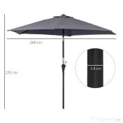 Outsunny Umbrela de Gradina cu Manivela, din Aluminiu si Poliester Gri si Negru, Φ2,6x2,35m 