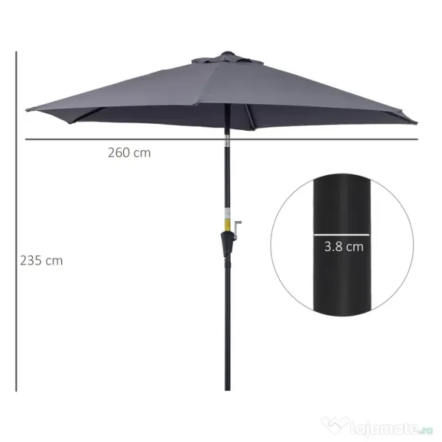 Outsunny Umbrela de Gradina cu Manivela, din Aluminiu si Poliester Gri si Negru, Φ2,6x2,35m