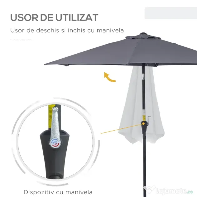 Outsunny Umbrela de Gradina cu Manivela, din Aluminiu si Poliester Gri si Negru, Φ2,6x2,35m