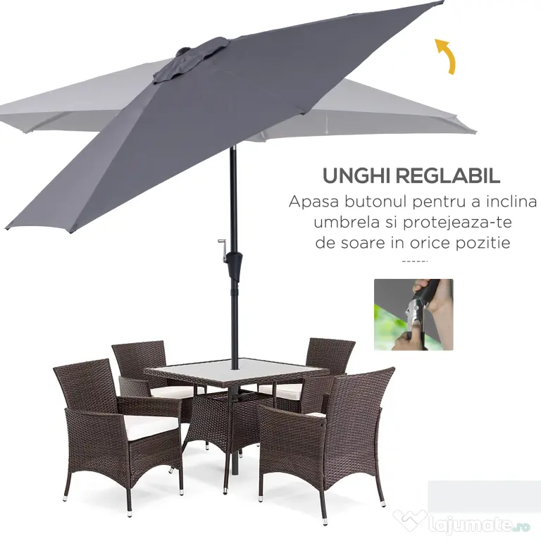 Outsunny Umbrela de Gradina cu Manivela, din Aluminiu si Poliester Gri si Negru, Φ2,6x2,35m