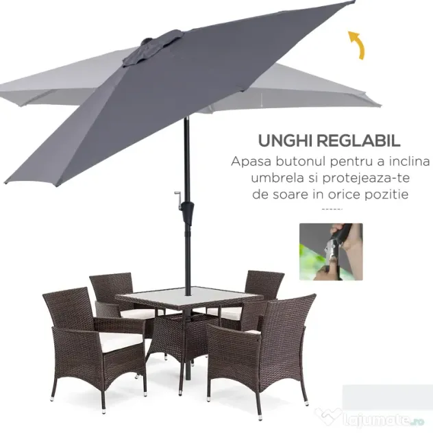 Outsunny Umbrela de Gradina cu Manivela, din Aluminiu si Poliester Gri si Negru, Φ2,6x2,35m