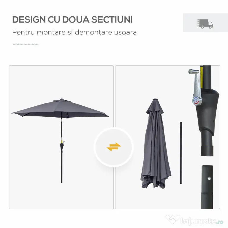 Outsunny Umbrela de Gradina cu Manivela, din Aluminiu si Poliester Gri si Negru, Φ2,6x2,35m