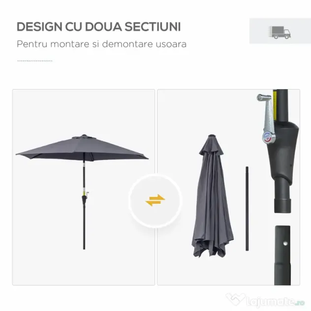 Outsunny Umbrela de Gradina cu Manivela, din Aluminiu si Poliester Gri si Negru, Φ2,6x2,35m