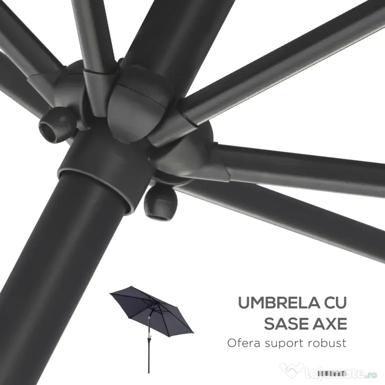 Outsunny Umbrela de Gradina cu Manivela, din Aluminiu si Poliester Gri si Negru, Φ2,6x2,35m