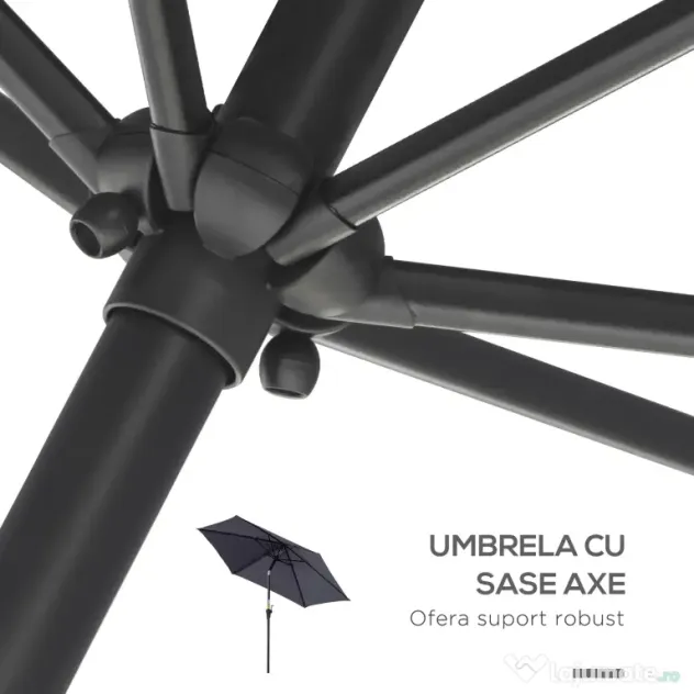 Outsunny Umbrela de Gradina cu Manivela, din Aluminiu si Poliester Gri si Negru, Φ2,6x2,35m