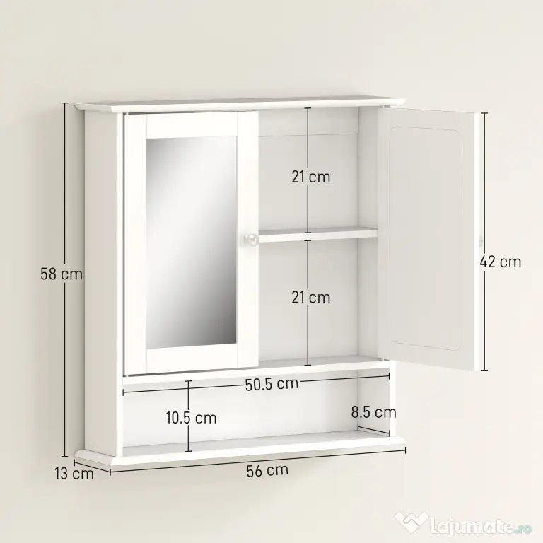 HOMCOM dulap de baie cu oglinda, 56x13x58 cm, alb