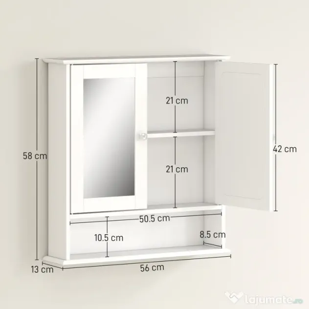 HOMCOM dulap de baie cu oglinda, 56x13x58 cm, alb