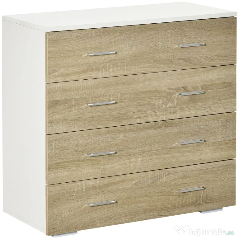 HOMCOM Comodă cu 4 Sertare, Mânere din Aluminiu și Structură din Lemn, 76x35x72cm, Alb și Stejar