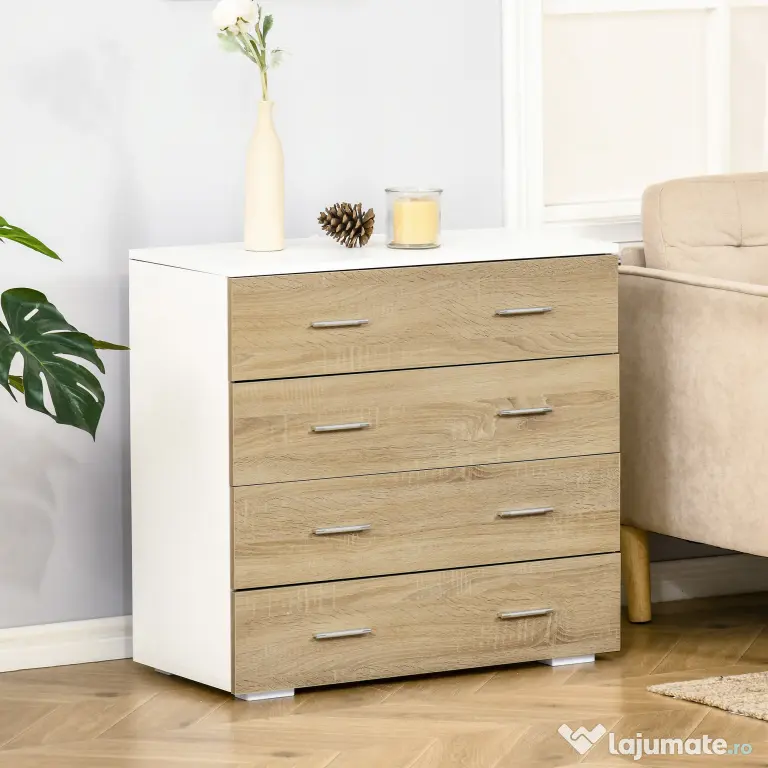 HOMCOM Comodă cu 4 Sertare, Mânere din Aluminiu și Structură din Lemn, 76x35x72cm, Alb și Stejar