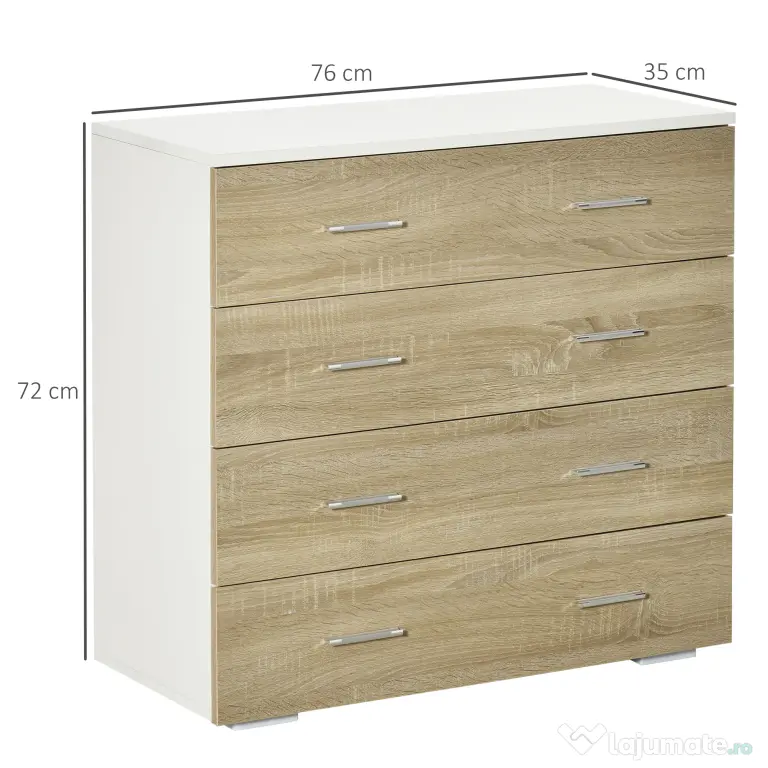 HOMCOM Comodă cu 4 Sertare, Mânere din Aluminiu și Structură din Lemn, 76x35x72cm, Alb și Stejar