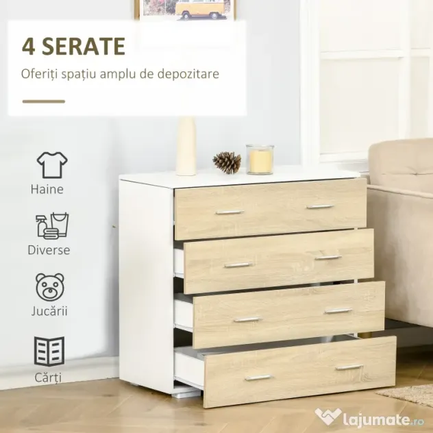 HOMCOM Comodă cu 4 Sertare, Mânere din Aluminiu și Structură din Lemn, 76x35x72cm, Alb și Stejar