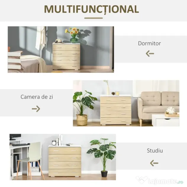 HOMCOM Comodă cu 4 Sertare, Mânere din Aluminiu și Structură din Lemn, 76x35x72cm, Alb și Stejar