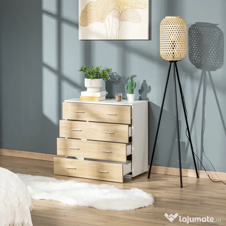 HOMCOM Comodă cu 4 Sertare, Mânere din Aluminiu și Structură din Lemn, 76x35x72cm, Alb și Stejar