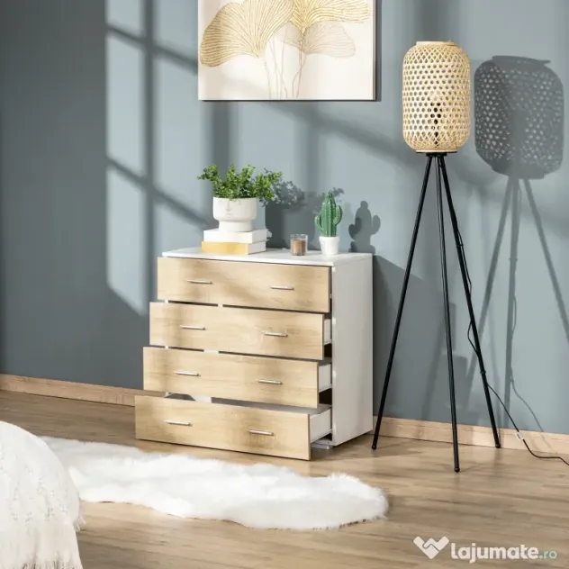 HOMCOM Comodă cu 4 Sertare, Mânere din Aluminiu și Structură din Lemn, 76x35x72cm, Alb și Stejar