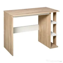 HOMCOM Birou Modern din Lemn cu Raft cu 3 Etaje, 100x44x74cm, Alb și Stejar