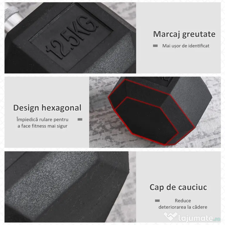 HOMCOM Ganteră de 12.5 kg Hexagonală Unică cu Mâner Antiderapant Negru
