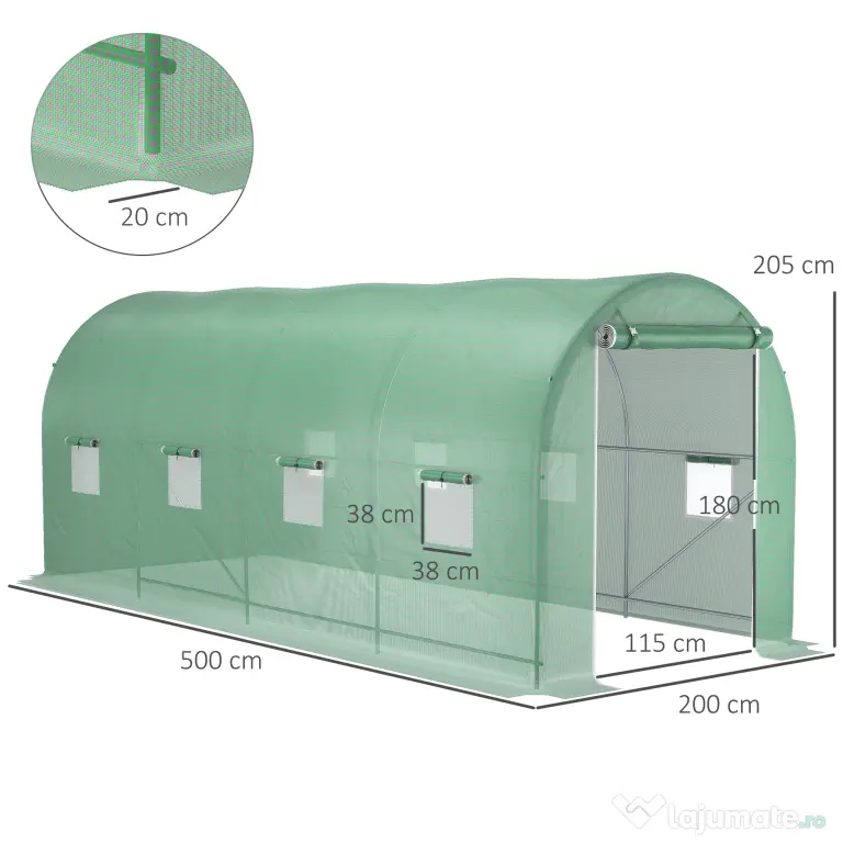 Outsunny Sera Tunel Verde 500×200×205 cm – Cadr, Otel & 8 Ferestre