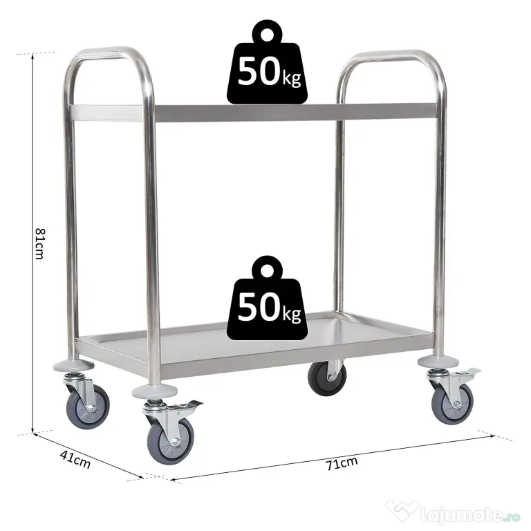HOMCOM Carucior Pentru Bauturi Racoritoare de Bucatarie 2 Rafturi in Otel Inox 71x41x81cm