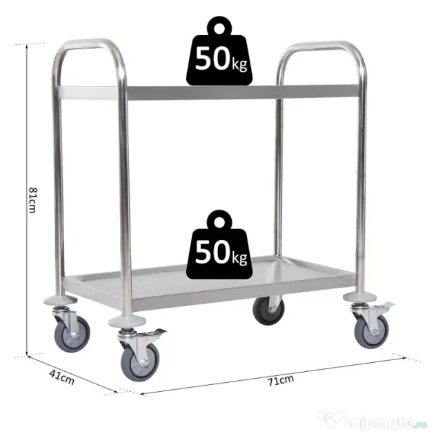 HOMCOM Carucior Pentru Bauturi Racoritoare de Bucatarie 2 Rafturi in Otel Inox 71x41x81cm