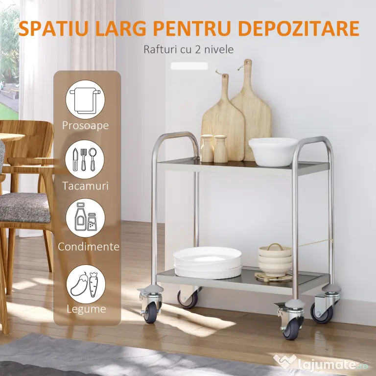 HOMCOM Carucior Pentru Bauturi Racoritoare de Bucatarie 2 Rafturi in Otel Inox 71x41x81cm