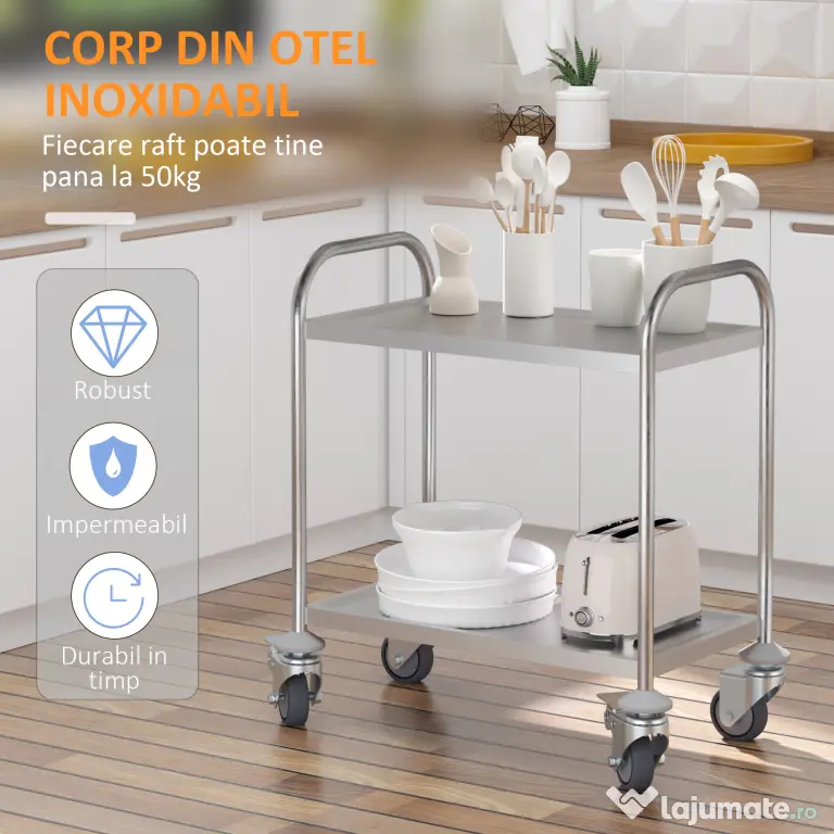 HOMCOM Carucior Pentru Bauturi Racoritoare de Bucatarie 2 Rafturi in Otel Inox 71x41x81cm