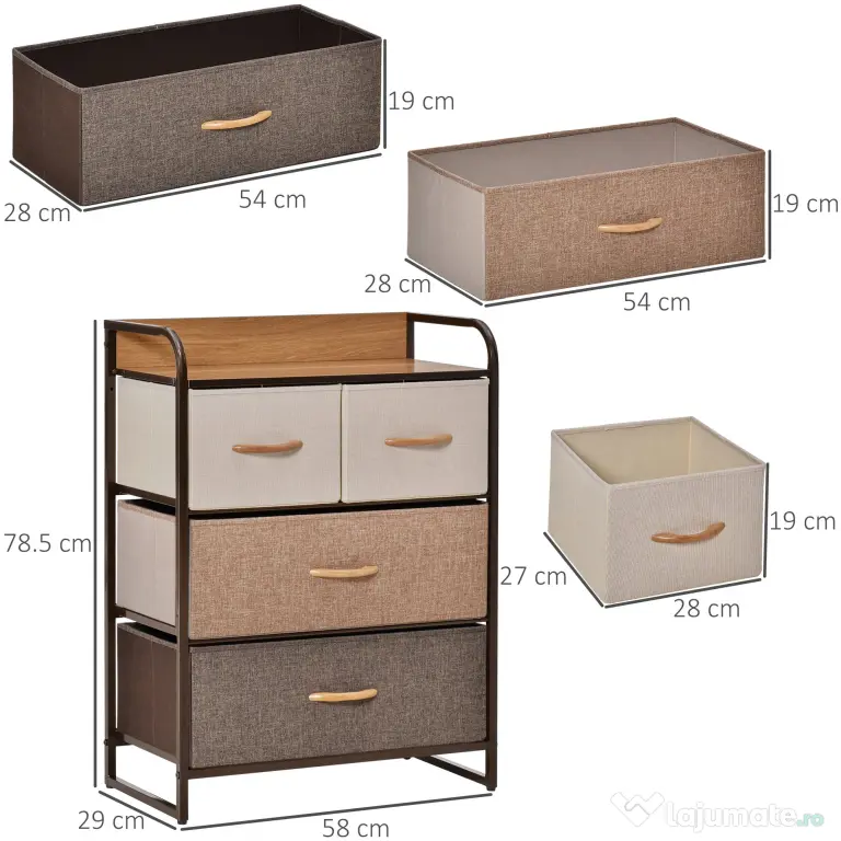 HOMCOM Comodă cu 4 Sertare Pliabile și Raft, Mobilier pentru Camera de Zi și Dormitor, 58x29x78.5 cm, Multicolor