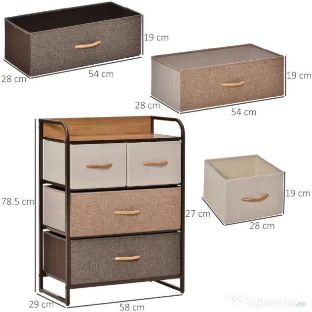 HOMCOM Comodă cu 4 Sertare Pliabile și Raft, Mobilier pentru Camera de Zi și Dormitor, 58x29x78.5 cm, Multicolor