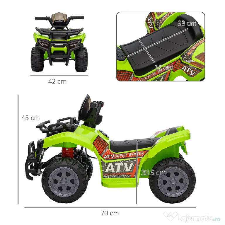 HOMCOM Quad Electric pentru Copii Baterie 6V Faruri Functionale si Pedale Verde