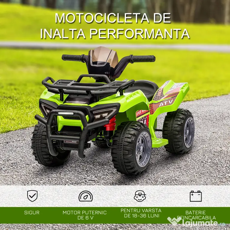 HOMCOM Quad Electric pentru Copii Baterie 6V Faruri Functionale si Pedale Verde