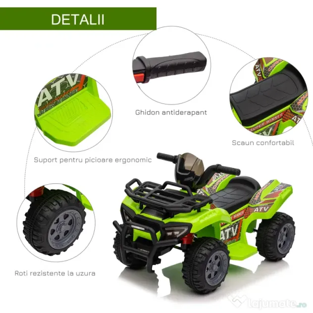 HOMCOM Quad Electric pentru Copii Baterie 6V Faruri Functionale si Pedale Verde