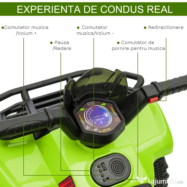 HOMCOM Quad Electric pentru Copii Baterie 6V Faruri Functionale si Pedale Verde
