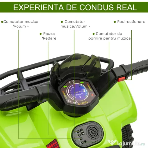 HOMCOM Quad Electric pentru Copii Baterie 6V Faruri Functionale si Pedale Verde
