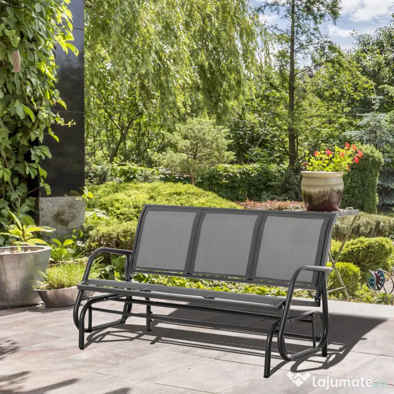 Outsunny Banca Balansoar de Gradina cu 3 Locuri din Metal si tesatura Tip Plasa Respirabila, 147x70x85 cm, Gri