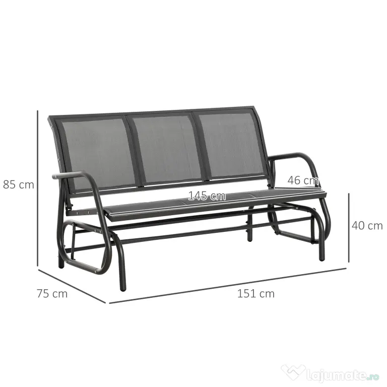 Outsunny Banca Balansoar de Gradina cu 3 Locuri din Metal si tesatura Tip Plasa Respirabila, 147x70x85 cm, Gri