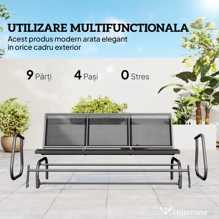 Outsunny Banca Balansoar de Gradina cu 3 Locuri din Metal si tesatura Tip Plasa Respirabila, 147x70x85 cm, Gri