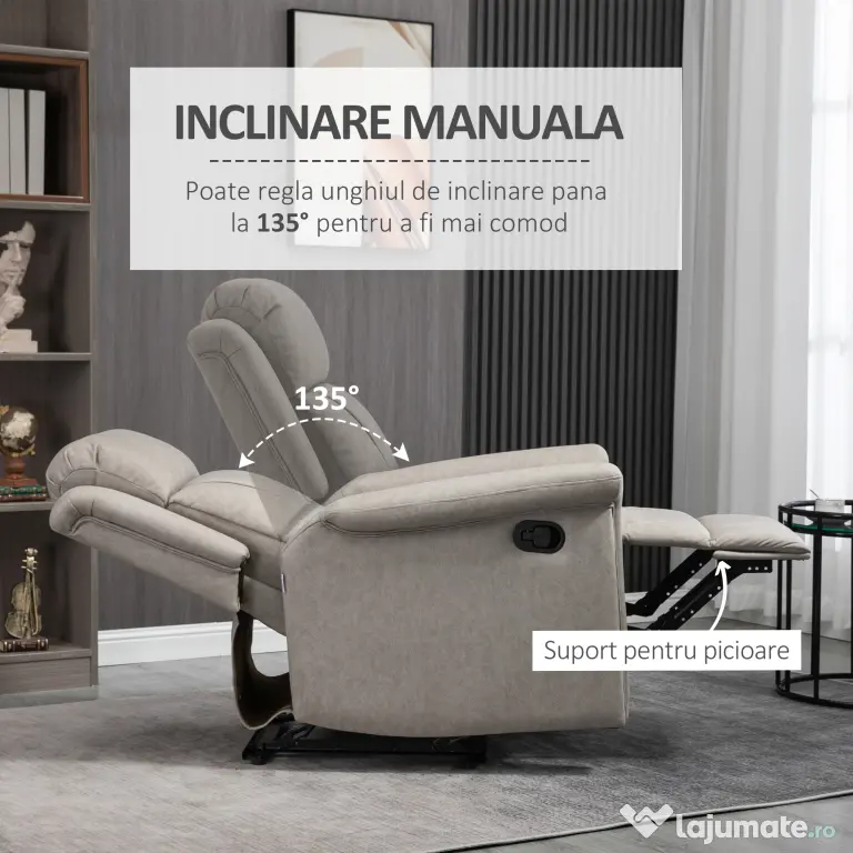 HOMCOM Fotoliu rabatabil manual, captusit, canapea de o persoana cu suport pentru picioare si cadru de otel pentru sufragerie dormitor