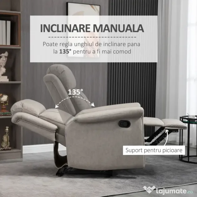 HOMCOM Fotoliu rabatabil manual, captusit, canapea de o persoana cu suport pentru picioare si cadru de otel pentru sufragerie dormitor
