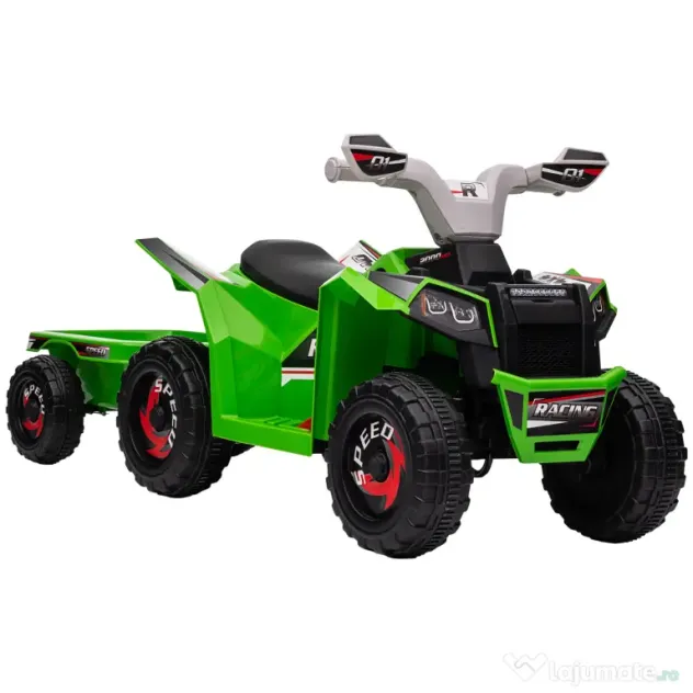 HOMCOM ATV Electric pentru Copii cu Remorcă, Pedală, Mers Înainte și Înapoi, 2,5 km/h, 18-36 Luni, Verde