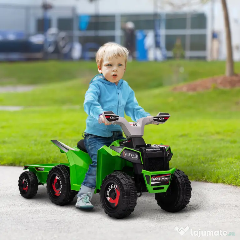 HOMCOM ATV Electric pentru Copii cu Remorcă, Pedală, Mers Înainte și Înapoi, 2,5 km/h, 18-36 Luni, Verde