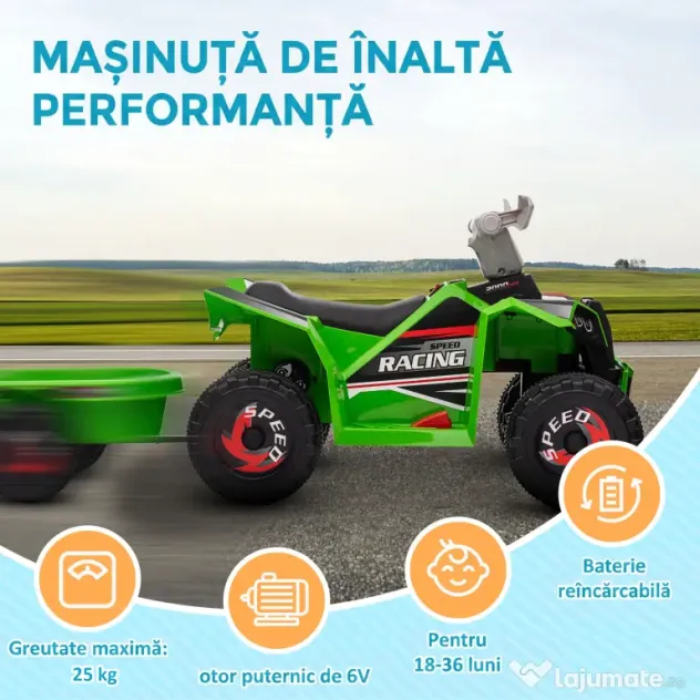 HOMCOM ATV Electric pentru Copii cu Remorcă, Pedală, Mers Înainte și Înapoi, 2,5 km/h, 18-36 Luni, Verde