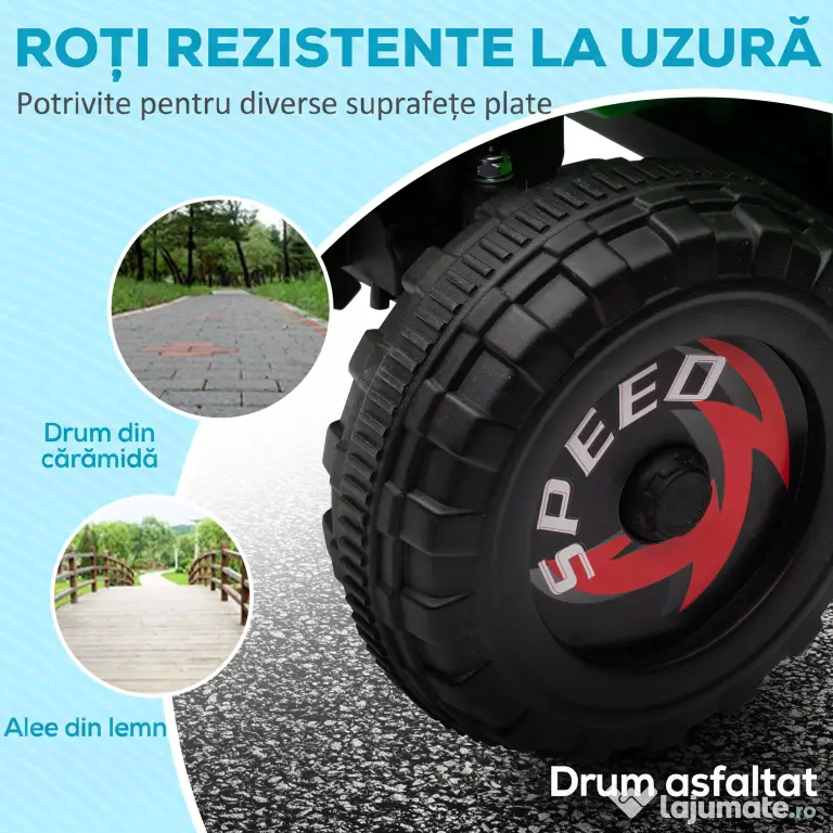 HOMCOM ATV Electric pentru Copii cu Remorcă, Pedală, Mers Înainte și Înapoi, 2,5 km/h, 18-36 Luni, Verde