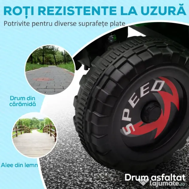 HOMCOM ATV Electric pentru Copii cu Remorcă, Pedală, Mers Înainte și Înapoi, 2,5 km/h, 18-36 Luni, Verde