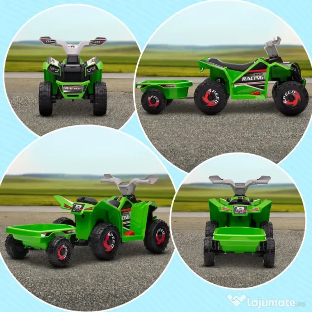 HOMCOM ATV Electric pentru Copii cu Remorcă, Pedală, Mers Înainte și Înapoi, 2,5 km/h, 18-36 Luni, Verde