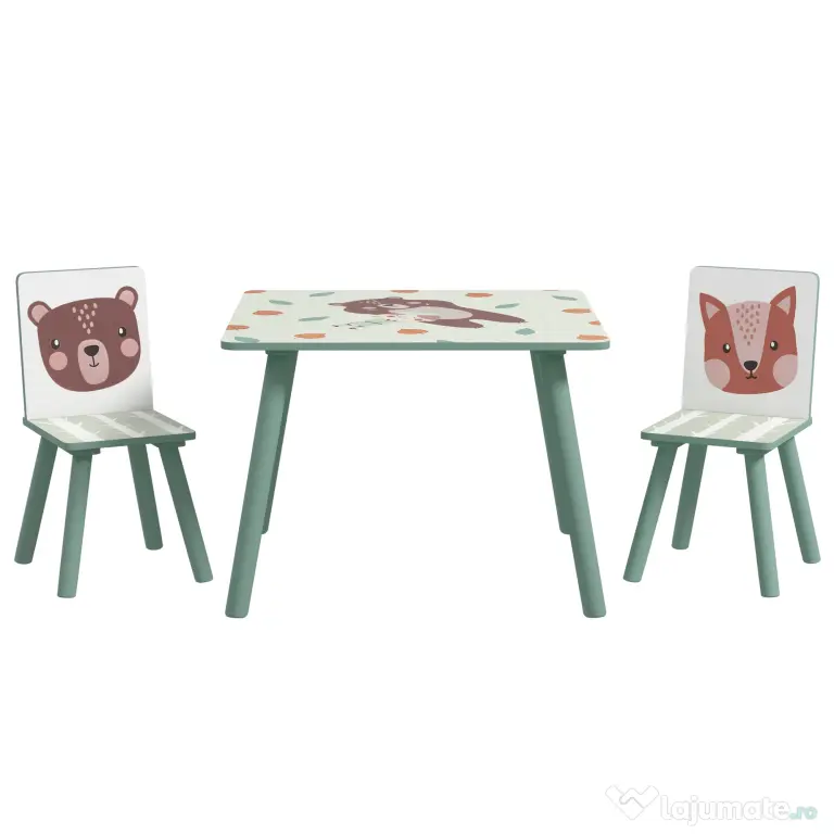 ZONEKIZ Set masa si scaun 3 piese pentru copii MDF lemn de pin desene animale verde distractie copii indemanare confortabil pentru copii model cu desene