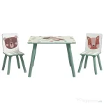 ZONEKIZ Set masa si scaun 3 piese pentru copii MDF lemn de pin desene animale verde distractie copii indemanare confortabil pentru copii model cu desene