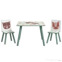 ZONEKIZ Set masa si scaun 3 piese pentru copii MDF lemn de pin desene animale verde distractie copii indemanare confortabil pentru copii model cu desene