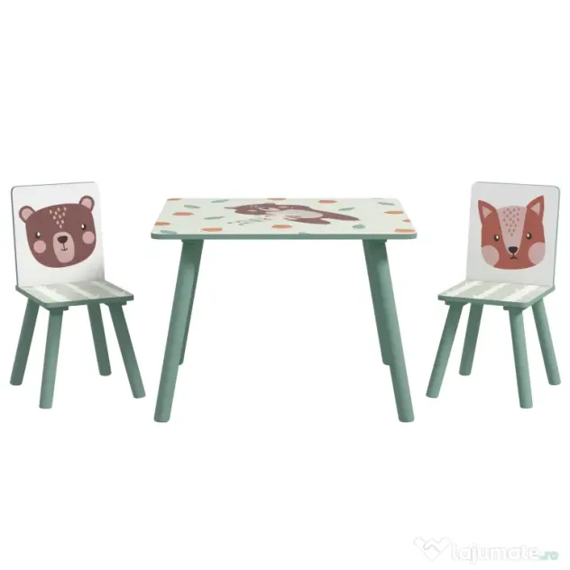 ZONEKIZ Set masa si scaun 3 piese pentru copii MDF lemn de pin desene animale verde distractie copii indemanare confortabil pentru copii model cu desene
