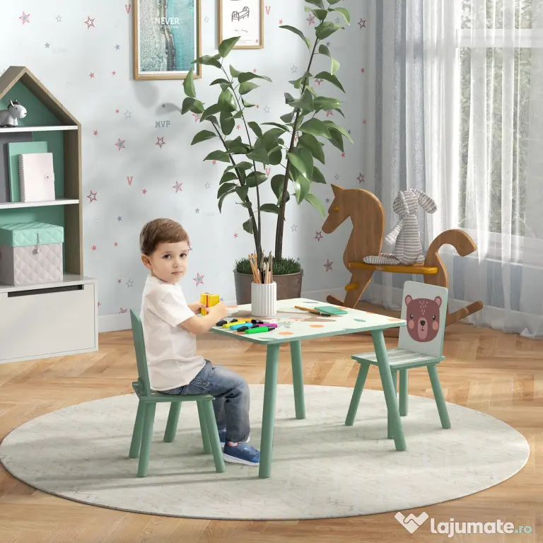 ZONEKIZ Set masa si scaun 3 piese pentru copii MDF lemn de pin desene animale verde distractie copii indemanare confortabil pentru copii model cu desene